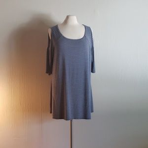 Stripey scoop neck mini dress w/ cut out shoulders